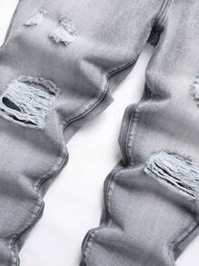 男款淺灰色破壞風格修身牛仔褲 - 淺灰色 - 查看 8