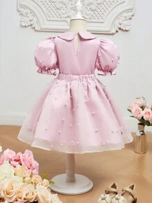 SHEIN Tween Girls' Cute Peter Pan Collar Bubble Sleeve Blouse And Skirt Set - Pink - View 3