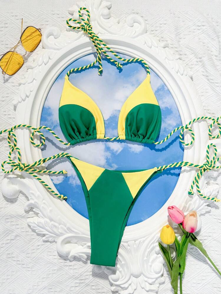 Ladies' Two-Piece Bikini Set With Color Block Design And Halter Neck, Separated As Top And Bottom Summer Beach