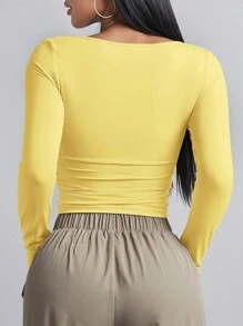 SHEIN BAE Women's Casual Solid Color Long Sleeve T-Shirt, Versatile For Winter - Yellow - View 2
