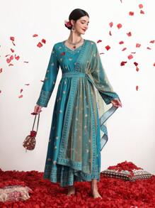 Divindia 女士碎花印花拼接网眼连衣裙 - 綠色 - 查看 7