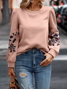 SHEIN LUNE Áo nỉ thêu hoa, thích hợp cho lễ tốt nghiệp, tựu trường, lễ tốt nghiệp, giáo viên nữ, áo nỉ chui đầu mùa thu cho mùa tựu trường. - Hồng - Xem 5