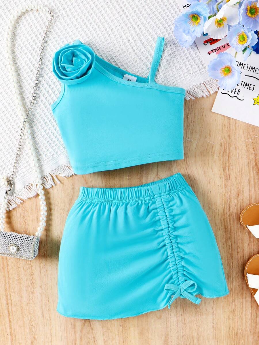 Little Girls' 3d Flower Embellished Asymmetrical Neck Blouse And Shorts Set - Baby Blue - View 1