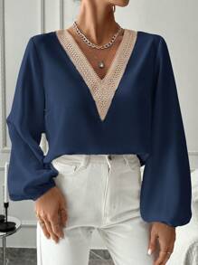 EURMUSE Women's Lace Patchwork Lantern Sleeve Shirt - Navy Blue - View 6