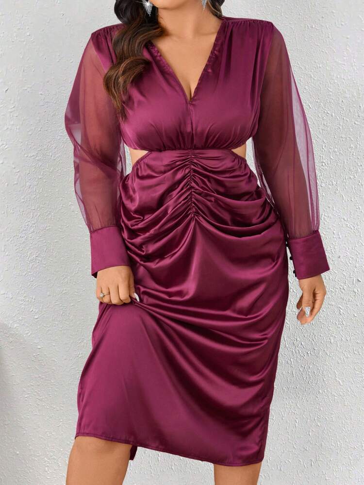 Burgundy Red Women's Plus Size Contrast Mesh V-Neck Hollow Out Dress