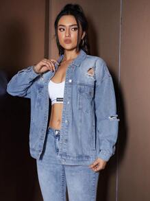 SHEIN EZwear Drop Shoulder Distressed Denim Jacket - Blue - View 4