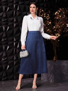 Modelyn Women's A-Line Jacquard Skirt - Blue - View 6