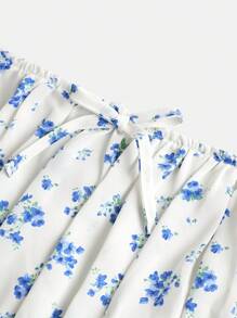 SHEIN 少女藍色花卉印花連衣裙,集合褶皺胸部、蝴蝶結和分割式泡泡袖 - 藍色 - 查看 5
