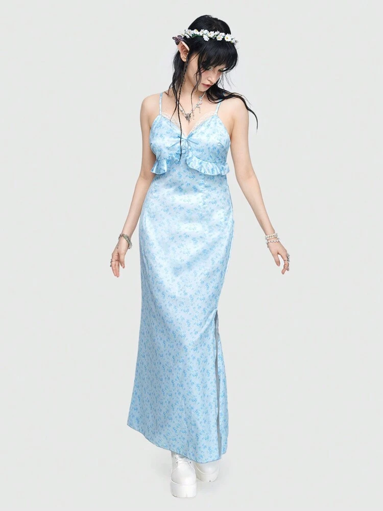 Forest Elf Floral Satin Backless Bodycon Dress With Hip Fish Tail