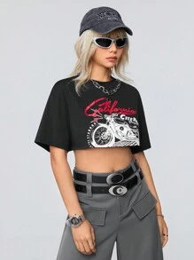 SHEIN Coolane Của phụ nữ Retro Xe máy In Mùa hè Áo phông Crop , Lý tưởng Đối với Âm nhạc Lễ hội - màu đen - Xem 6