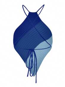 EgrlEra Women's Color Block Sleeveless Knitted Top With Backless Design - Blue - View 2