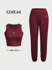 SHEIN EZwear Burgudnia Trykotowy Damski Garnitur