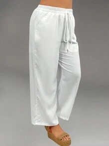 Calvaya Plus Drawstring Waist Wide Leg Pants Fall Cloth For Women - White - View 1