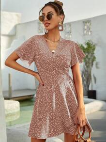 Breezaya Chấm bi Bọc Dây thắt lưng Đầm - Bụi hồng - Xem 3