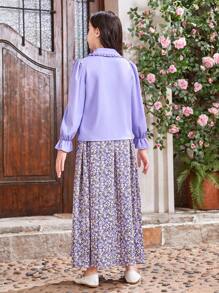 SHEIN Tween Girl Embroidered Ruffle Front Flounce Collar Shirt And Floral V-Shaped Waistband Long Skirt, And Matching Mommy And Me Outfits (2 Sets Are Sold Separately)
