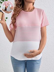 SHEIN Maternity Striped Color Block Breastfeeding Nursing T-Shirt - Pink - View 1