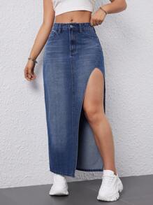 Flexra 水洗貓鬚分裂牛仔裙 - 藍色 - 查看 6