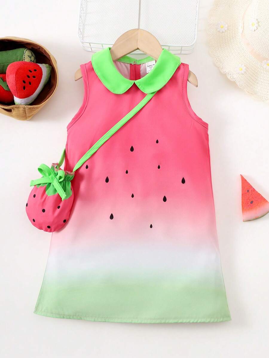 SHEIN Váy không tay cổ Peter Pan in họa tiết dưa hấu cho bé gái + Túi - Nhiều màu - Xem 1