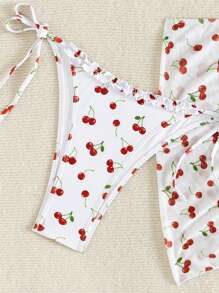 Swim Mod Summer Cherry Print Knotted Side Bikini Set With Swim Skirt - Multicolor - View 5
