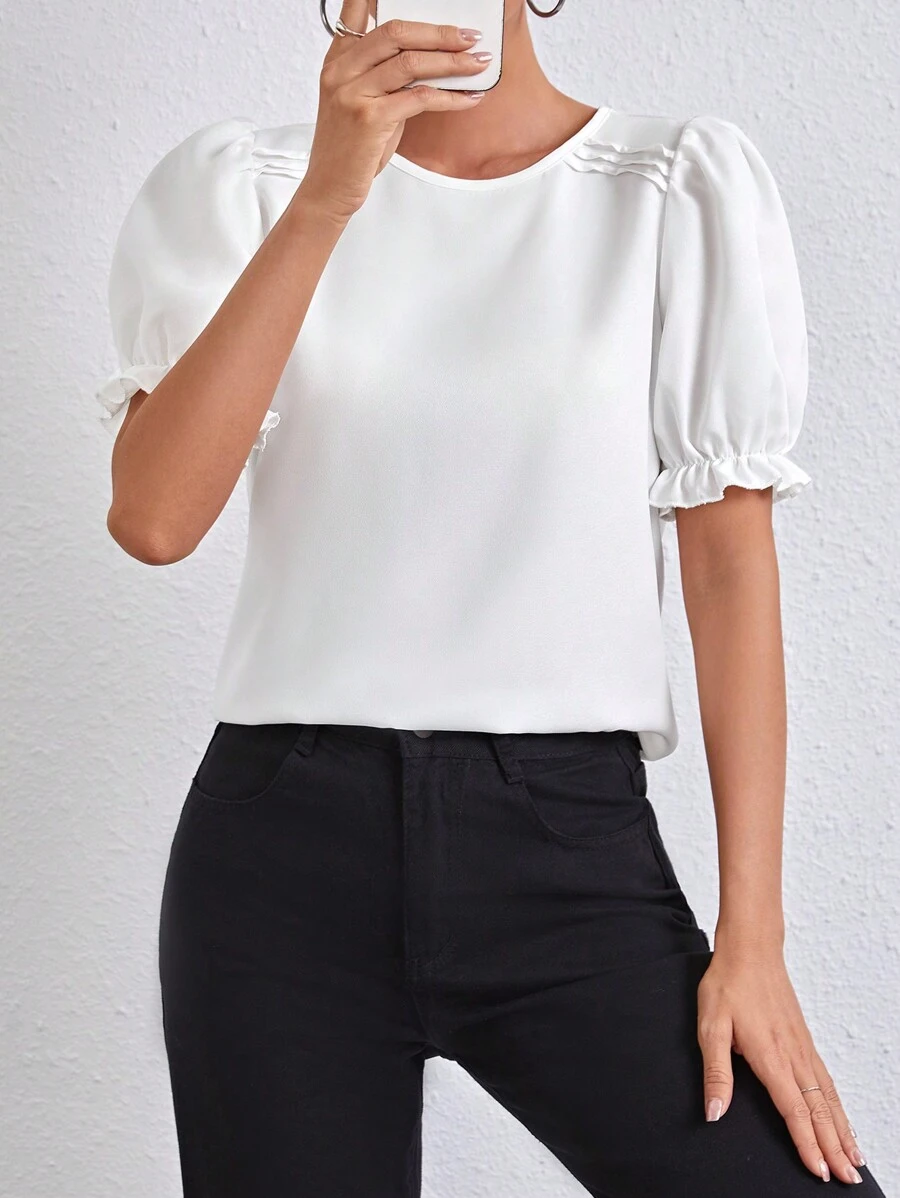SHEIN Essnce Ladies' Solid Color Puff Sleeve Blouse,Short Sleeve Tops - White - View 1