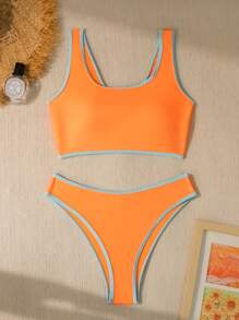 SHEIN Swim 女款夏季海灘撞色修邊兩件套比基尼泳衣嘉年華 - 橘色 - 查看 3