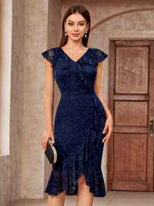 MIUSOL V-Neck Full Lace Ruffle Mermaid Hem Cocktail Party Bodycon Dress Elegant Prom Semi Formal Wedding Guest Dress, For Birthday, Graduation, Dinner, Homecoming - Navy Blue - View 1