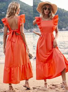 SHEIN VCAY Summer Women Beach Clothes Solid Orange Color Holiday Style Backless Bow-Knot Strap Ruffle Hem Long Dress - Orange - View 2
