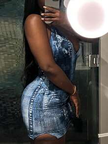 Denim-Effect Print Halter Bodycon Dress - Blue - View 2