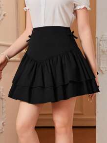 Thiếu niên Cô gái Thắt lưng rộng Hai lớp Váy Với Nơ Đồ trang trí Và Ruffled Hem - màu đen - Xem 5