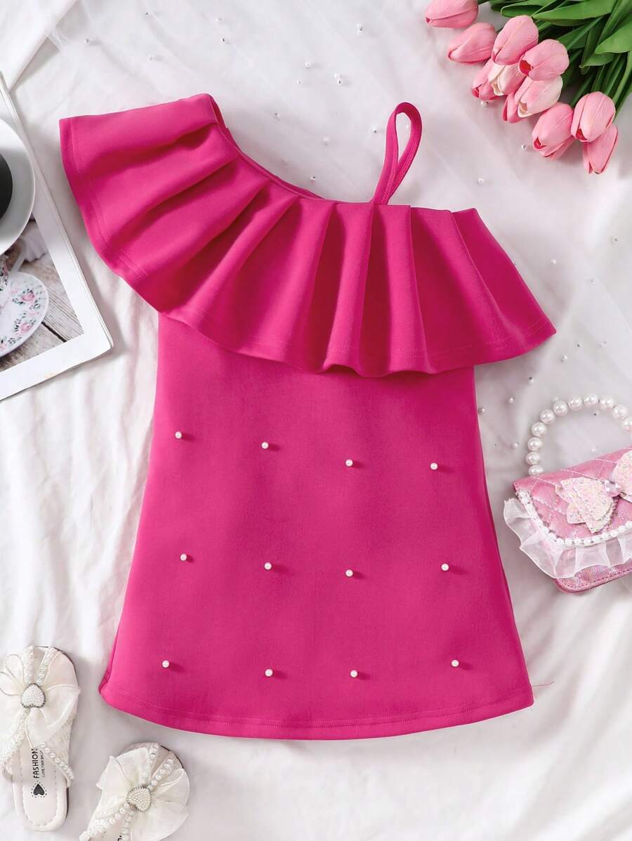 SHEIN Cô Gái Trẻ Tuyệt đẹp Ruffled Giả ngọc trai Nghệ Embellished Đầm - Màu Hồng Tươi - Xem 1