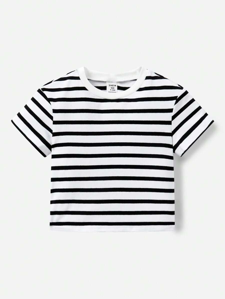 SHEIN Baby Boy's Casual & Versatile Knitted Striped Round Neck Short Sleeve Top - White - View 1