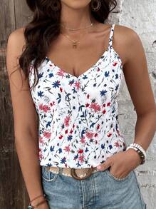 SHEIN Frenchy Lace Spliced Floral Printed Camisole Top For Women, Summer Top, Suitable For Vacation