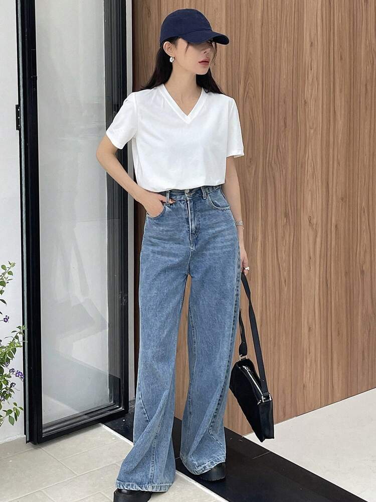 Women's Solid Color V-Neck Casual T-Shirt