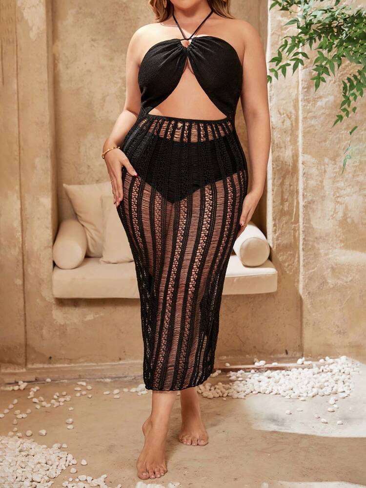 Plus Size Women's Hollow Out Waist Halter Neck Tie Back Cover Ups Summer