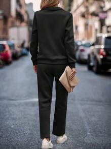 SHEIN LUNE Half Zip Sweatshirt & Drawstring Waist Sweatpants - Black - View 2
