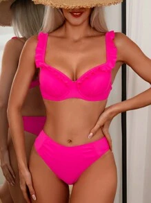 SHEIN Swim Ladies' Ruched Bikini Set With Ruffle Design, Summer Beach - Hot Pink - View 1