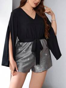 SHEIN Privé 大碼女性優雅的鑲有亮片的露背鉤花深v領連身褲,開叉設計和綁帶彰顯迷人身姿,適用於派對和街頭 - 彩色 - 查看 5