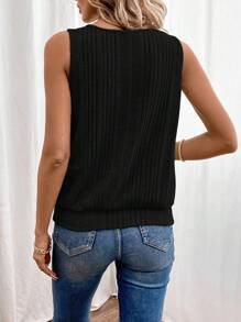 Ladies' Summer Metal Decorative Buckle Square Neckline Textured Tank Top With Comfort Fit,Emery Rose Modest Tops - Black - View 5