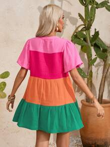 Aveloria GENKIRA Ladies' Color-Block V-Neckline Short Sleeve Bodycon Dress With Cutout - Multicolor - View 2