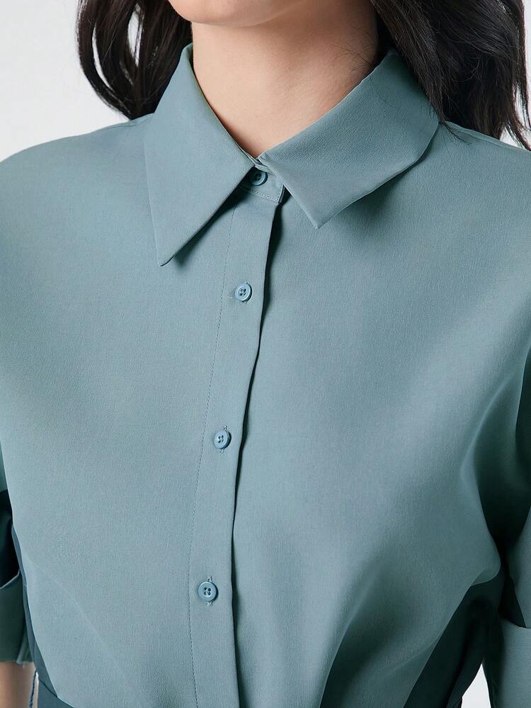 Robe De Couleur Unie À Manches Chauve-souris Et Boutonnière Avant Pour Femmes
