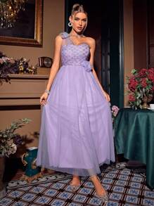 Glamaker Women's One Shoulder Sleeveless Mesh Party Evening Dress - Purple - View 1