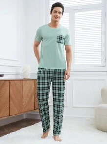 Nam Kiểm tra Mẫu Ngắn tay Áo Và Dài Quần Bộ mặc nhà Với túi - Màu xanh nhạt - Xem 5