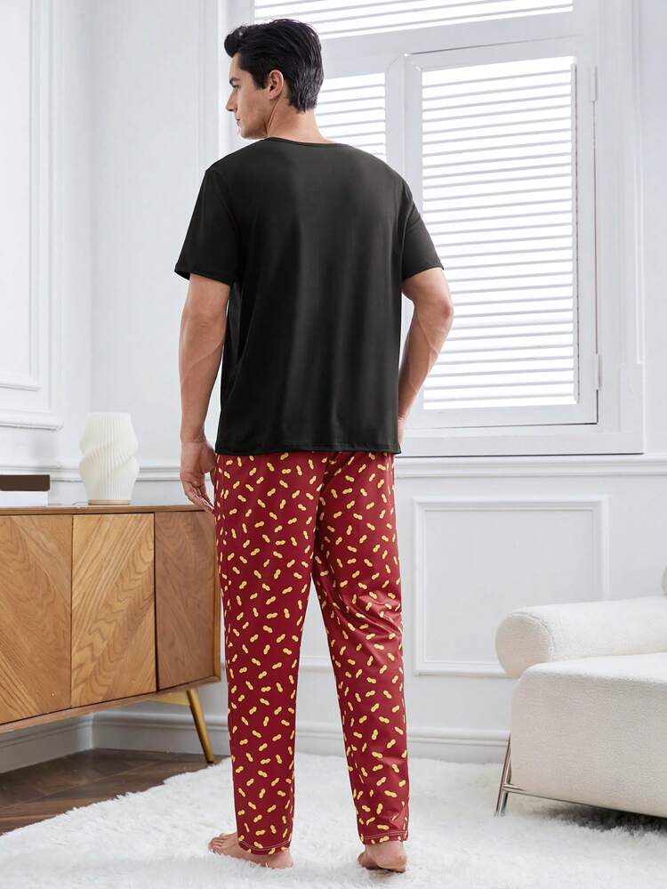 Men's Solid Color Short Sleeve T-Shirt And Printed Pants Homewear Set