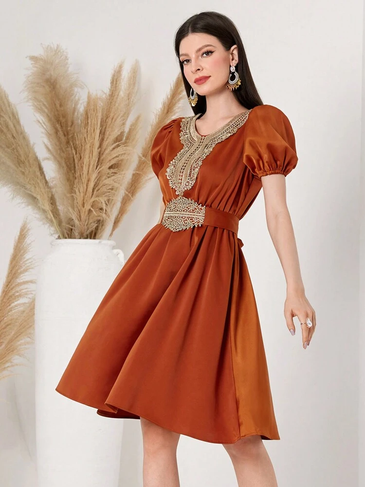 Women's Round Neck Short Puff Sleeve A-Line Dress