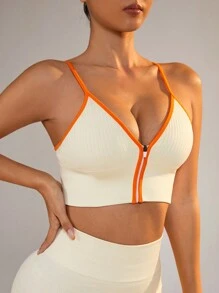 Easithlete Easithlete 女士運動加厚色塊前鏈搭扣胸罩,適用於瑜珈、健身,帶有邊緣縫邊 - 米色 - 查看 3
