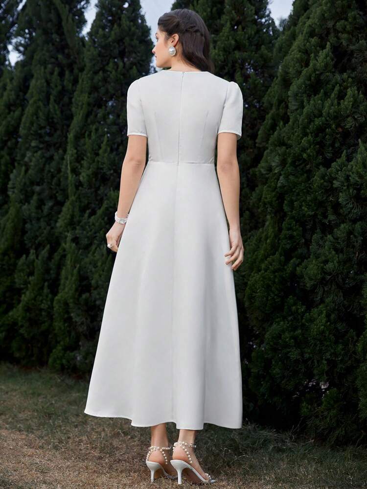 Women's Embroidery Splice Bubble Sleeve Dress Church Dress Long Evening Dresses