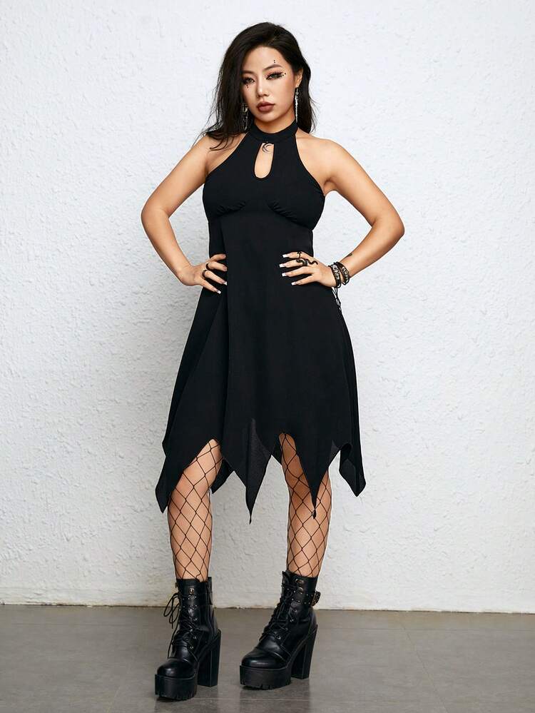 Solid Color Halter Neck Asymmetrical Hem Backless Women's Dress