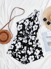 Soleia 女裝花卉印花單肩無袖連體褲 - 黑與白 - 查看 2