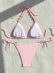 SHEIN Swim 女士花卉刺绣装饰两件套比基尼套装文胸和比基尼套装下装比基尼套装适合夏季海滩 - 粉色 - 查看 2