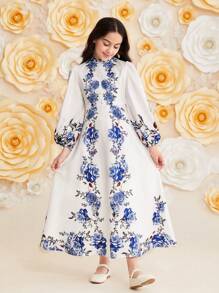 SHEIN Leap Crew Cô gái Tween Đáng yêu Đứng cổ áo Dài In hoa Đầm Tunic Với Tay áo đèn lồng , Thích hợp Đối với Kỳ nghỉ - Nhiều màu - Xem 4